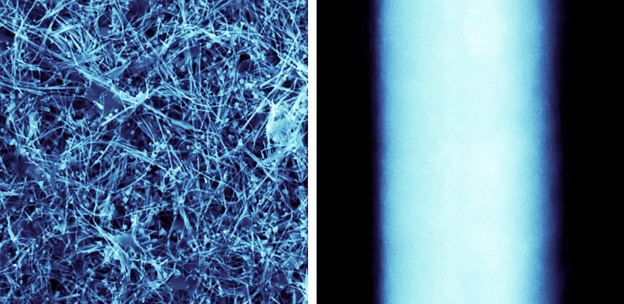 Left: Scanning electron microscopy image of the CuNW network on a copper-sprayed surface. Right: Up-close image of CuNW nanowire, which is about 60 nm in diameter, approximately 100x smaller than a human hair.