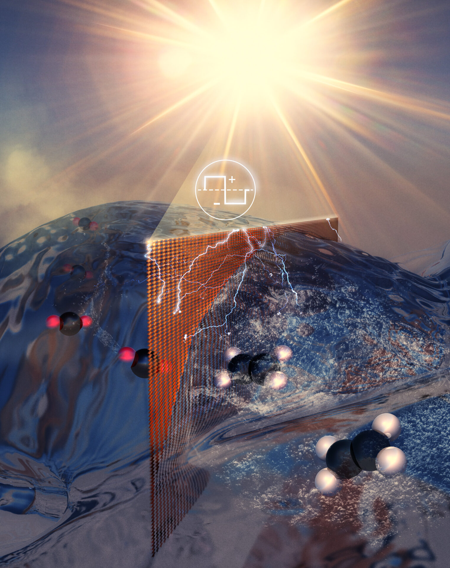 Abstract illustration of atoms passing through water and an electrified membrane under a shining sun. Illustration: Meenesh Singh.