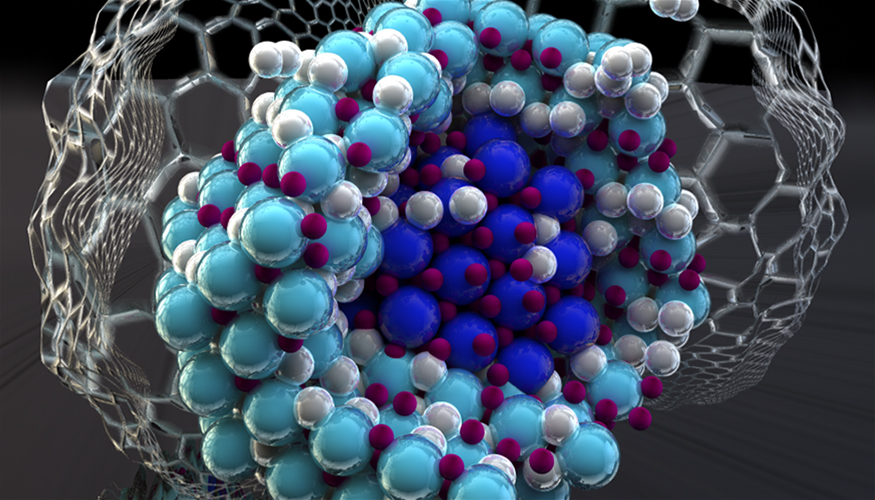 Hydrogenation forms a mixture of lithium amide and hydride (light blue) as an outer shell around a lithium nitride particle (dark blue) nanoconfined in carbon. Nanoconfinement suppresses all other intermediate phases to prevent interface formation, which has the effect of dramatically improving the hydrogen storage performance.
