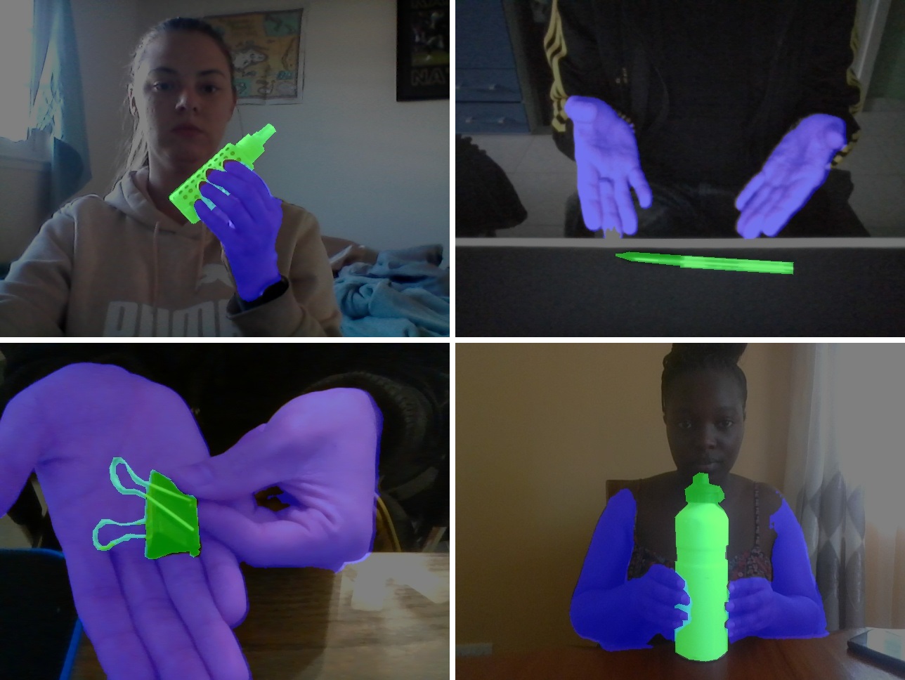HuTics. In each image of the HuTics custom data set, the users’ hands are visualized in blue and the object in green. HuTics is used to train a machine learning model. ©2022 Yatani and Zhou