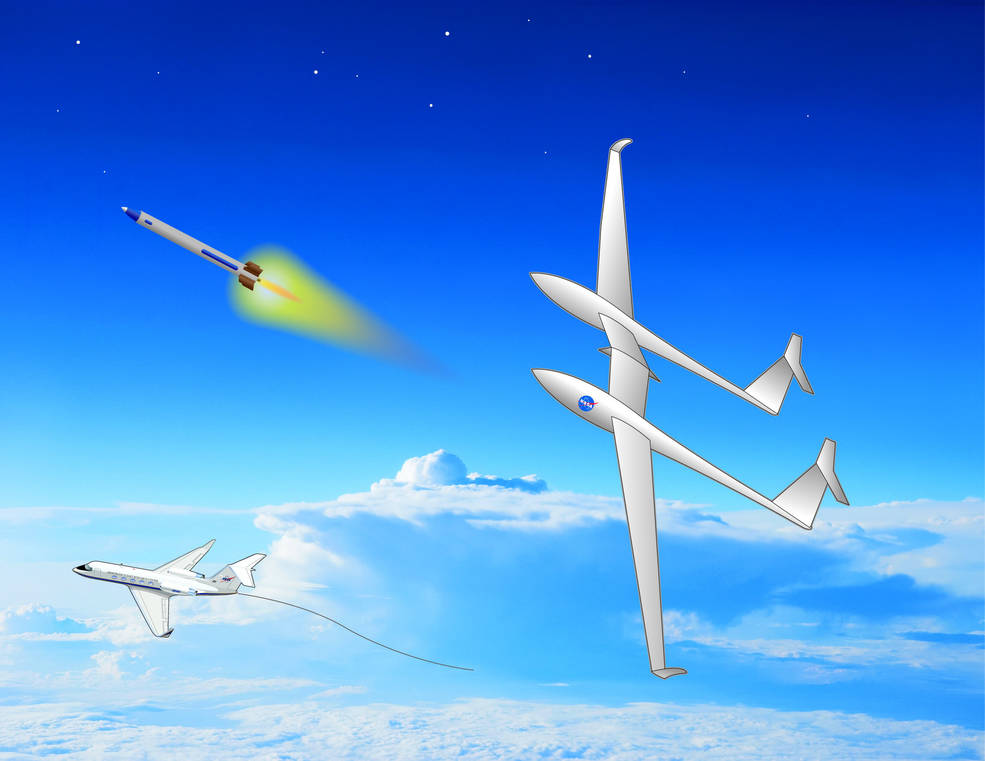 This artist’s concept drawing shows how the Towed-Glider Air Launch System, or TGALS, would work. A business jet-class aircraft would tow a remotely piloted glider with a launch vehicle mounted underneath it. Once released at about 40,000 feet, the glider uses its own small rocket motor to execute a pull-up maneuver, releasing the launch vehicle for ignition at an elevated flight path angle. Credits: NASA