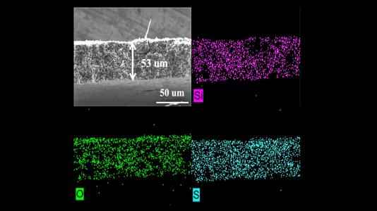 Image shows microstructure and elemental mapping (silicon, oxygen and sulfur) of porous sulfur-containing interlayer after 500 charge-discharge cycles in lithium-sulfur cell. (Image by Guiliang Xu/Argonne National Laboratory.)