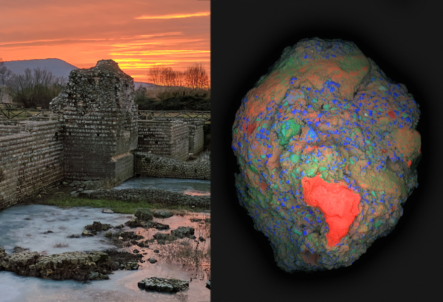 Caption:A large-area elemental map (Calcium: red, Silicon: blue, Aluminum: green) of a 2 cm fragment of ancient Roman concrete (right) collected from the archaeological site of Privernum, Italy (left). A calcium-rich lime clast (in red), which is responsible for the unique self-healing properties in this ancient material, is clearly visible in the lower region of the image. Credits: Courtesy of the researchers
