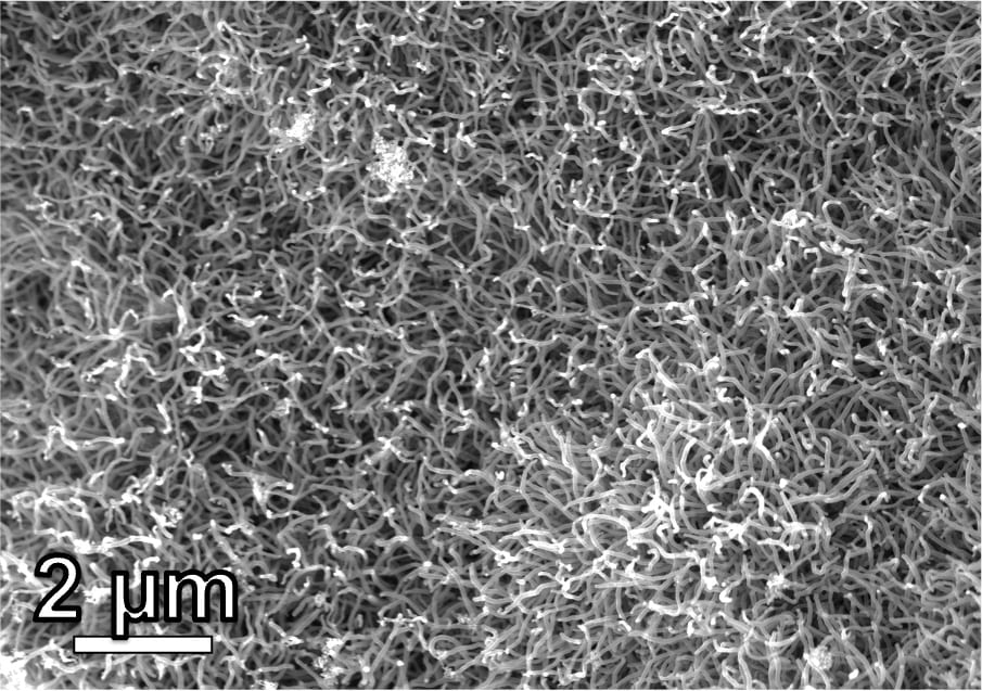 Flash Joule heating can be used to make carbon nanotubes and carbon nanofibers from mixed waste plastics, a method that is 90% more efficient than existing production processes. The nanotube diameter can be controlled by changing the power or catalyst used. (Image courtesy of Tour lab/Rice University)