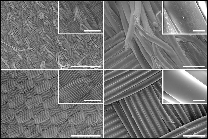 Images of uncoated (top left, right) and coated (bottom left, right) nylon-6,6 fabrics after nine washing cycles taken by a scanning electron microscope. (Image: Sudip Lahiri)
