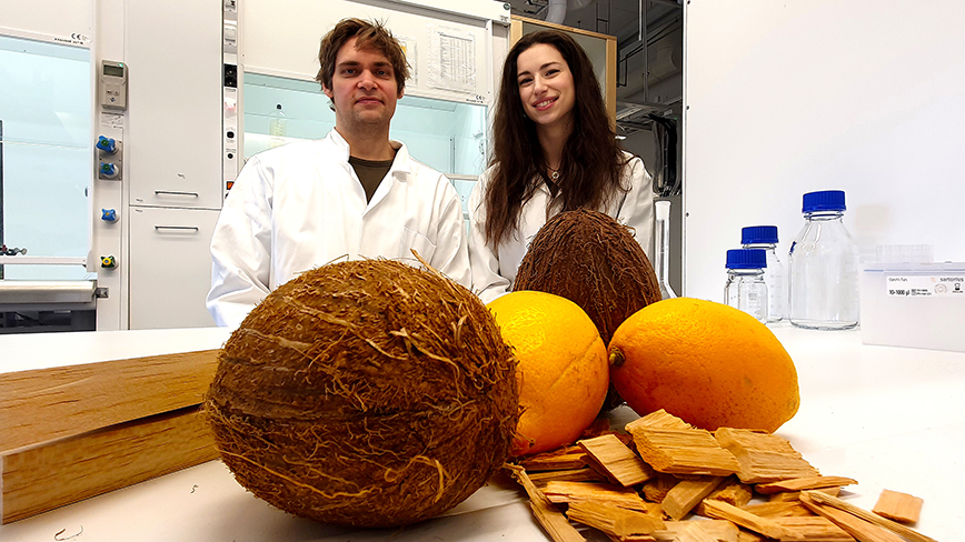 Peter Olsén and Céline Montanari, researchers in the Department of Biocomposites at KTH Royal Institute of Technology in Stockholm, say the new wood composite uses components of lemon and coconuts to both heat and cool homes. (Photo: David Callahan)
