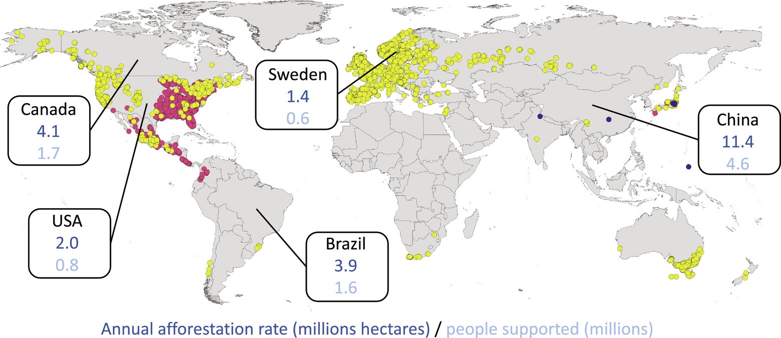 Global distribution of three Lactarius species with cultivation potential. L. deliciosus (yellow), L. indigo (pink), and L. subindigo (blue) compiled from georeferenced records from the Global Biodiversity Information Facility (11). Annual afforestation activity for the period 2010 to 2020 of the top five countries in terms of planting rates (1) measured in hectares is also displayed, alongside potential outputs if all plantings had included EMF. The number of people supported is based on a daily calorie need of 2,250 per person and an annual calorific output per hectare of 316,206.72. All figures are millions.