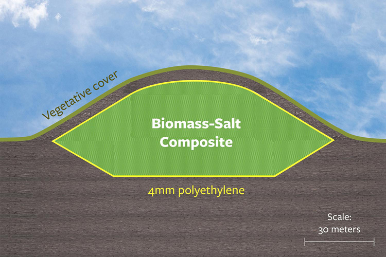 A simplified version of the biolandfill technology used for agro-sequestration. To keep the biomass dry, it’s necessary to use two layers of high-density polyethylene with a combined thickness up to 4 millimeters. The plastic acts as a water diffusion barrier, allowing less than 1.75 micrometers equivalent water thickness to diffuse through annually. This rate of water diffusion can be accommodated for thousands of years by the dry salt-biomass mixture, which can absorb the water without increasing its own relative humidity (water activity) above 60%. Water activity below 60% suppresses all life and all biodegradation. (Image by Eli Yablonovitch and Harry Deckman)