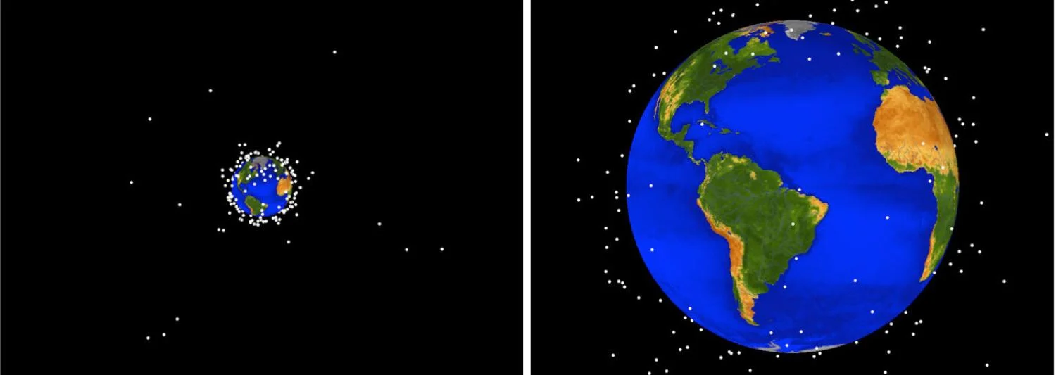 Simulation of objects around Earth in 1965 as seen from geosynchronous orbit, left, and low-Earth orbit, right. (Credit: NASA)