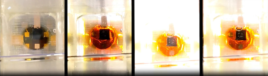 Series of four still images from a sample video showing how a photoreactor from Rice University splits water molecules and generates hydrogen when stimulated by simulated sunlight. (Image courtesy of the Mohite lab/Rice University)