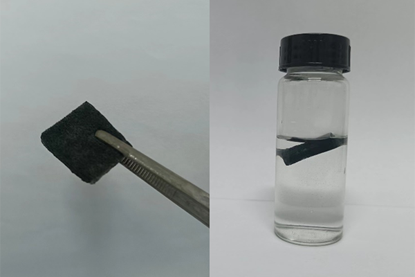 Pairing this floating sponge with an oxidizing agent could help destroy harmful algal blooms. Adapted from ACS ES&T Water 2023, DOI: 10.1021/acsestwater.3c00202
