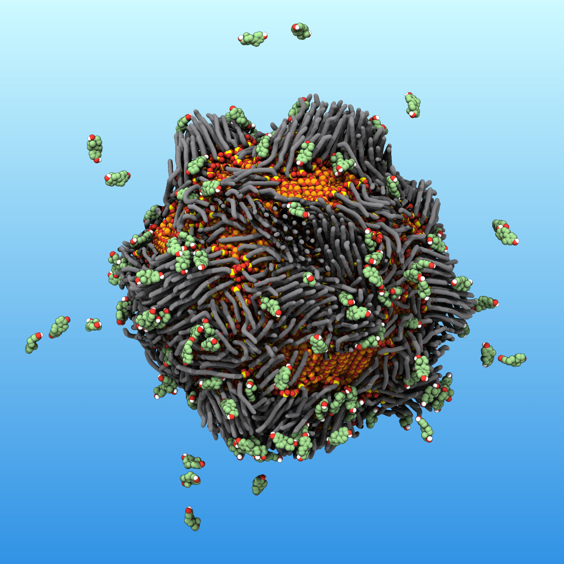 In this illustration, a “smart rust” nanoparticle attracts and traps estrogen molecules, which are represented by the floating objects. Dr. Dustin Vivod and Prof. Dr. Dirk Zahn, Computer Chemistry Center (CCC), Friedrich-Alexander-Universität Erlangen-Nürnberg