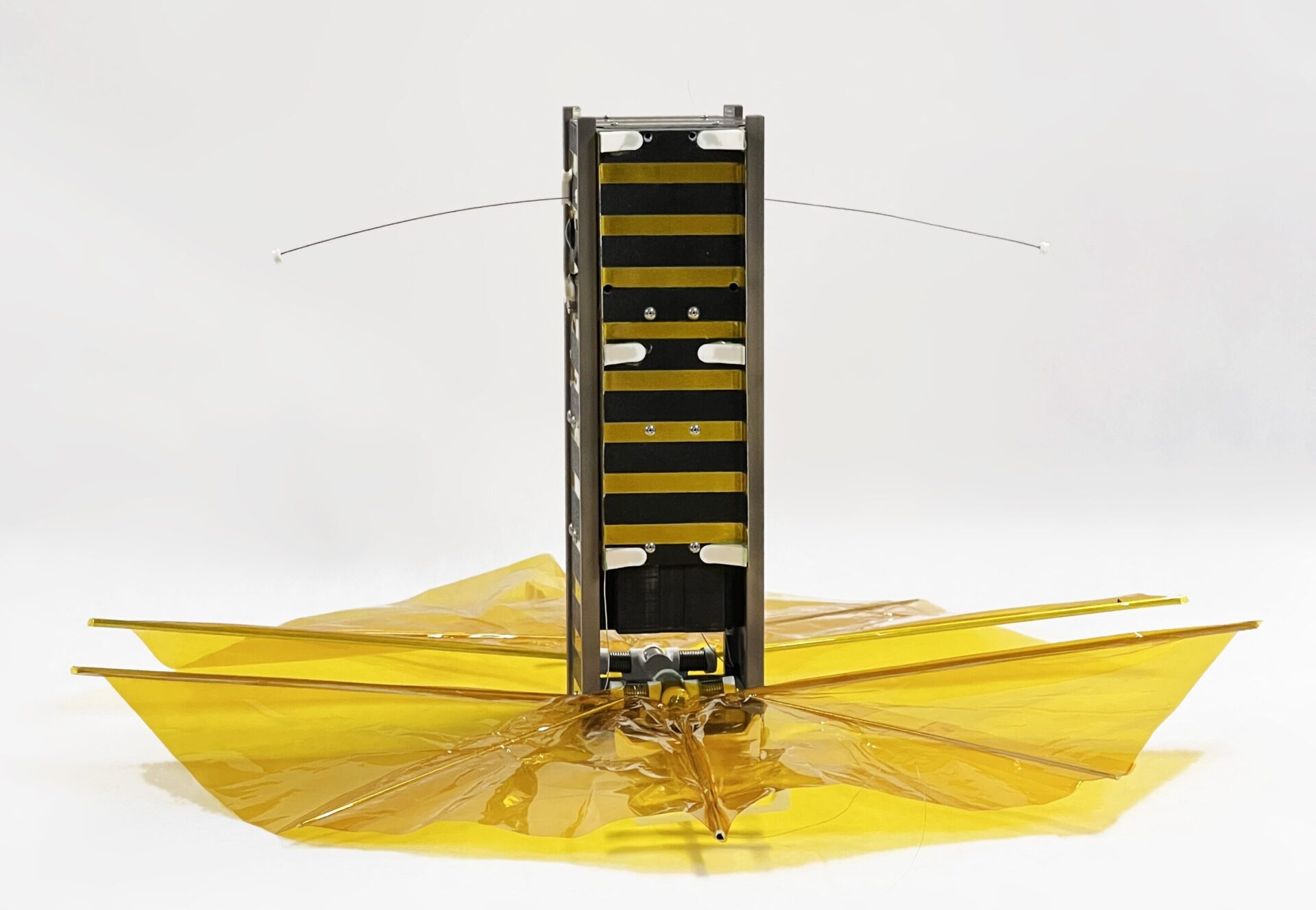 SBUDNIC, a bread-loaf-sized cube satellite with a drag sail made from Kapton polyimide film, designed and built by students at Brown reentered Earth's atmosphere five years ahead of schedule. Image courtesy of Marco Cross.