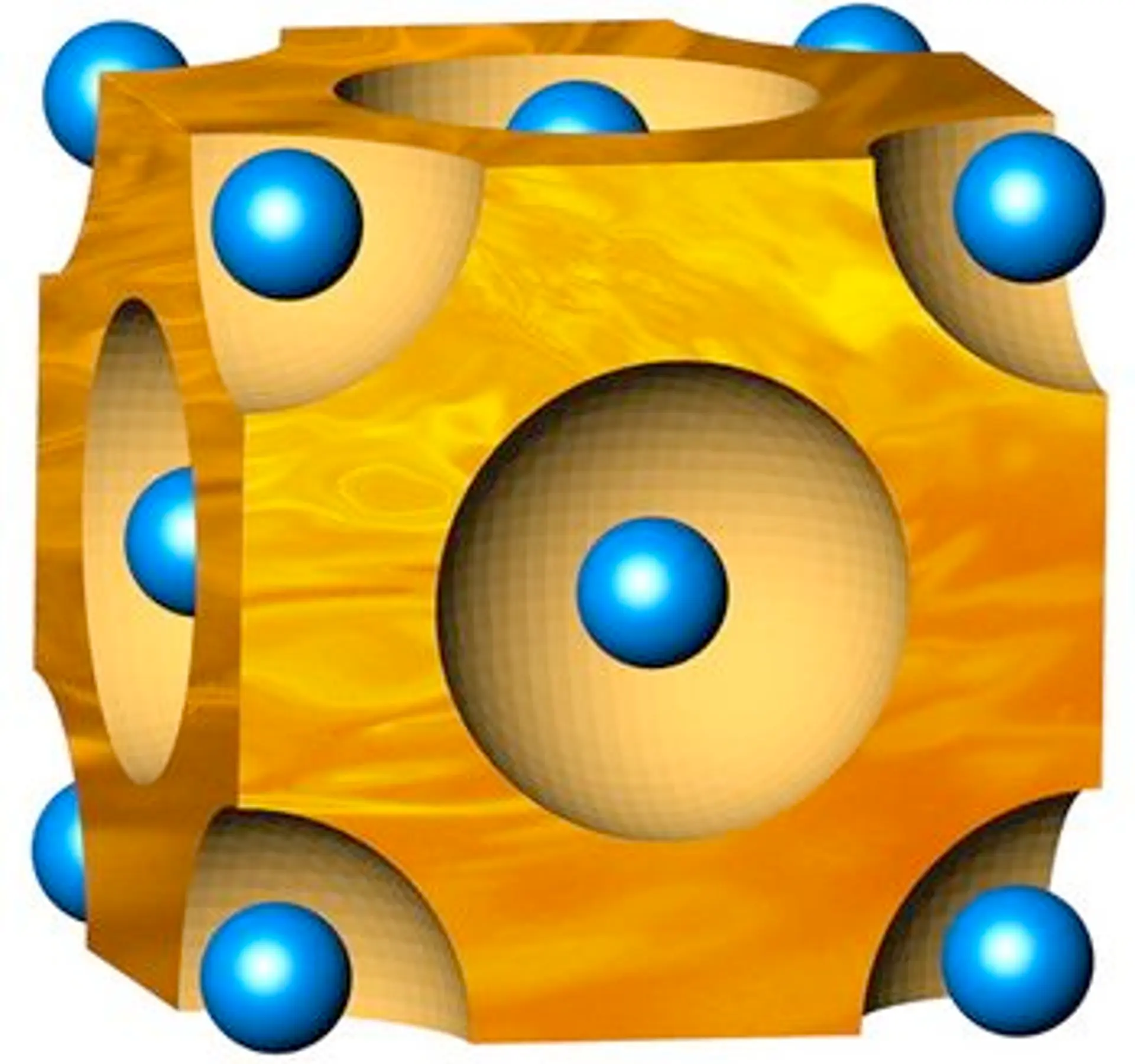 In this diagram, the blue spheres represent selenium atoms forming a crystal lattice, while the orange regions represent the copper atoms that flow through the crystal structure like a liquid (Image: Caltech/Jeff Snyder/Lance Hayashida)