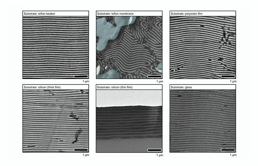 Transmission electron microscope (TEM) images of the new 2D nanosheet as a barrier coating that self-assembles on a variety of substrates, including a Teflon beaker and membrane, polyester film, thick and thin silicon films, and glass. The TEM experiments were conducted at UC Berkeley’s Electron Microscope Laboratory. (Credit: Emma Vargo et al./Berkeley Lab. Images courtesy of Nature.)