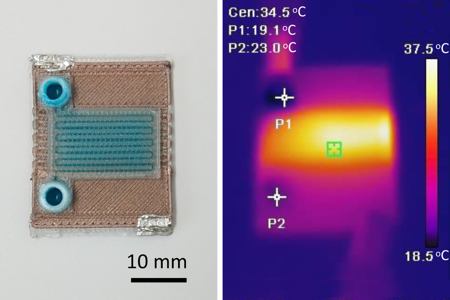 MIT researchers developed a fabrication process to produce self-heating microfluidic devices in one step using a multi-material 3D printer. Pictured is an example of one of the devices. Credits:Image: Courtesy of the researchers