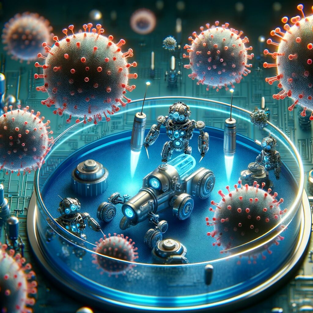 Behold a futuristic depiction: tiny machines, like miniature robots, in battle against enlarged superbugs. Set in a microscopic world, this scene vividly illustrates the advanced technology utilized in the fight against antibiotic-resistant bacteria, capturing the dynamic clash between mechanical marvels and biological adversaries. A visual narrative of science's innovative combat against superbugs!