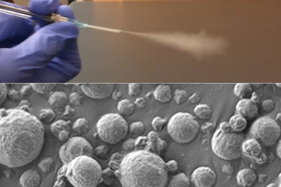 Caption:MIT engineers have designed diagnostic particles that can be aerosolized and inhaled. At bottom is a scanning electron micrograph of the particles, which are coated with nanosensors that interact with cancer-associated proteins in the lungs. Credits:Credit: Courtesy of the researchers